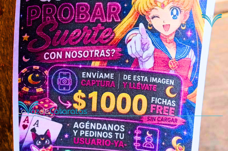 Promocionan apuestas por WhatsApp con carteles de estética infantil en el centro